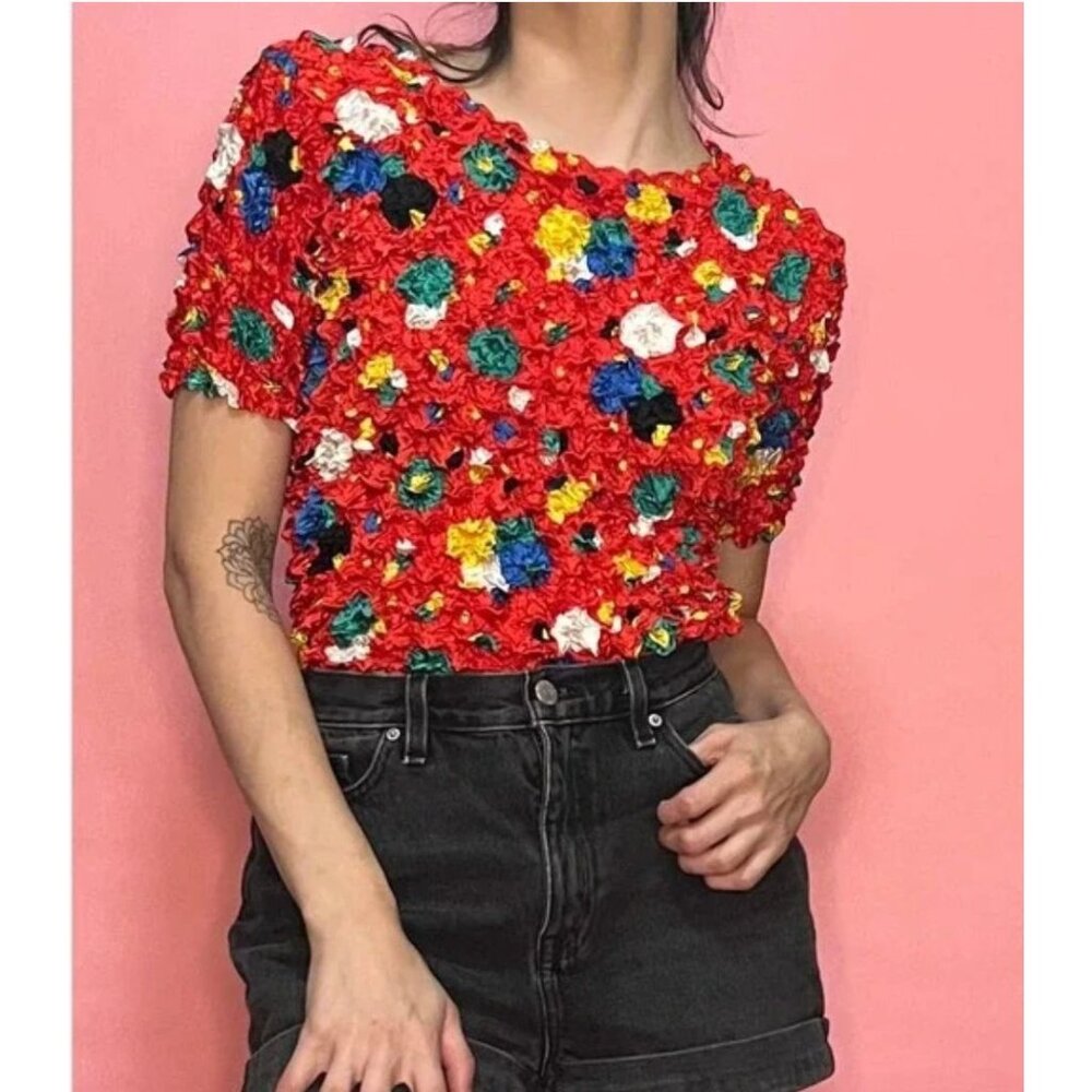Vintage aderro 80s 90s S.F.C. Multicolor circle funky one-size stretch tee shirt